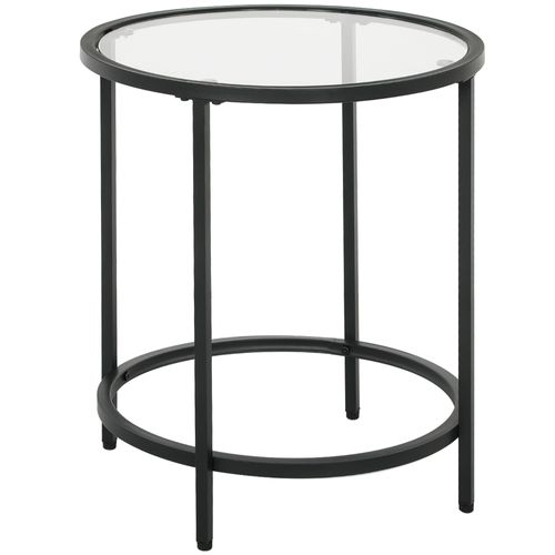 Table D'appoint Ronde 48x48x54,7 Cm En Verre Trempé Et Cadre Métal Noir, Élégante Et Pratique