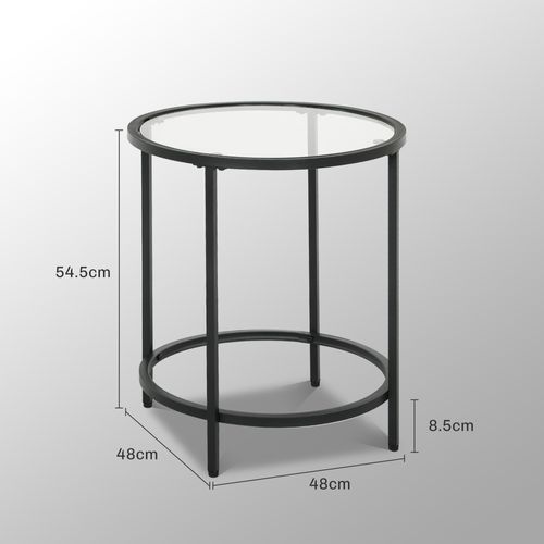 Table D'appoint Ronde 48x48x54,7 Cm En Verre Trempé Et Cadre Métal Noir, Élégante Et Pratique