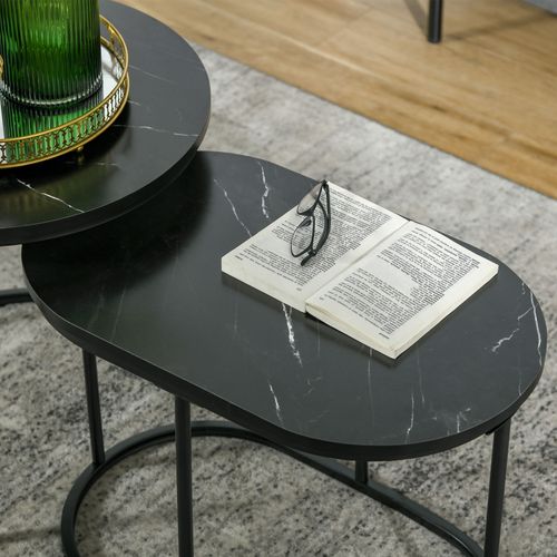 Table Basse 2 Pièces Noire Aspect Marbre, 50x50,5h Cm + 60x36x43,5h Cm, Acier/mdf Empilables