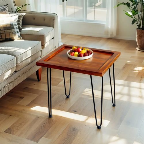 Table Basse En Acajou Massif Finition Bois Naturel, Plateau Décor Motif Feuilles