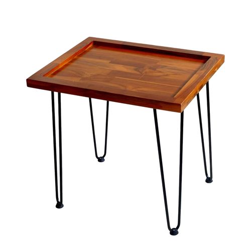 Table Basse En Acajou Massif Finition Bois Naturel, Plateau Décor Motif Feuilles