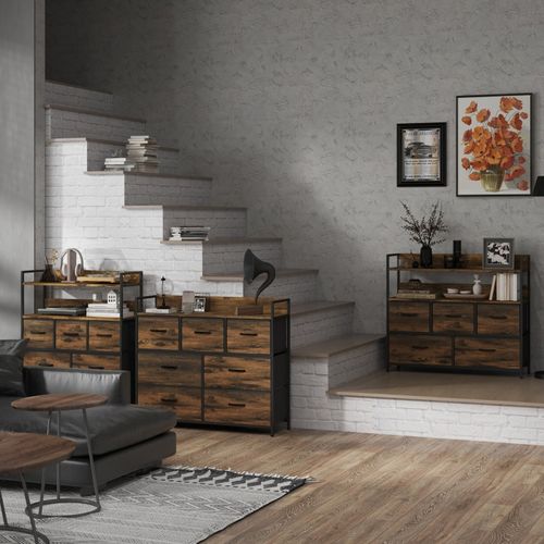 Buffet 7 Tiroirs 98x29x85 Cm Polyester Marron, Cadre Acier Anti-basculement, Style Industriel