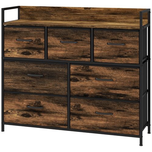 Buffet 7 Tiroirs 98x29x85 Cm Polyester Marron, Cadre Acier Anti-basculement, Style Industriel