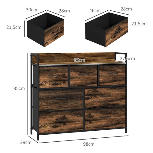 Buffet 7 Tiroirs 98x29x85 Cm Polyester Marron, Cadre Acier Anti-basculement, Style Industriel