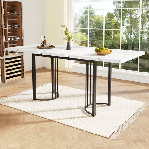 Table Extensible 140-179,5×80×75,5 Cm En Mdf Marbré, Pieds Métal Croisés, Design Contemporain