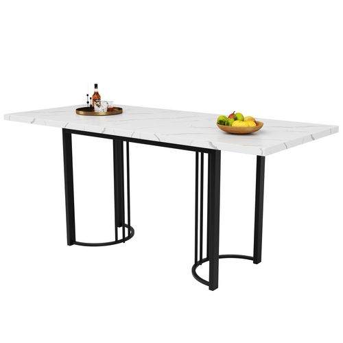 Table Extensible 140-179,5×80×75,5 Cm En Mdf Marbré, Pieds Métal Croisés, Design Contemporain