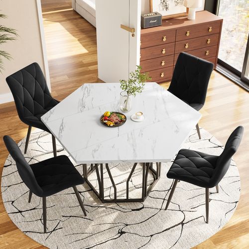 Table Hexagonale 115,5x100 Cm En Mdf Effet Marbre Blanc, Piètement Acier Noir Au Design Moderne