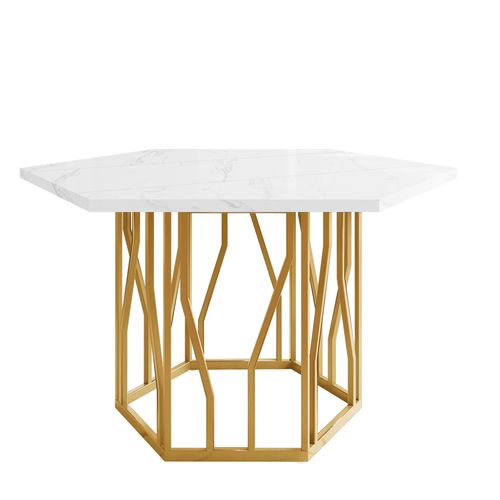 Table Hexagonale 115,5x100 Cm En Mdf Effet Marbre Blanc, Piètement Métal Doré Sculptural