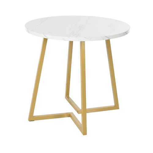 Table Ronde 80 Cm En Mdf Effet Marbre Blanc, Piètement Métal, Hauteur 75 Cm Contemporaine