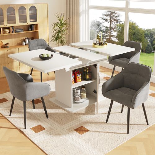 Table Extensible 110-140x80x76 Cm Blanche, 3 Étagères, Portes En Verre Irisé, Gain De Place