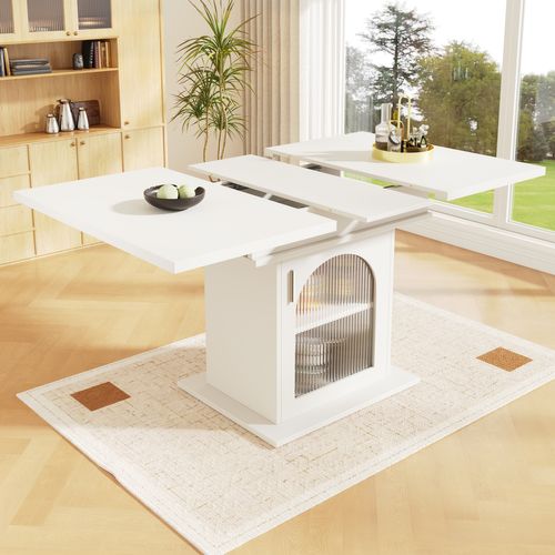Table Extensible 110-140x80x76 Cm Blanche, 3 Étagères, Portes En Verre Irisé, Gain De Place