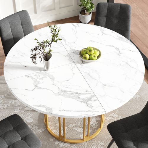 Table Ronde Diamètre 100 Cm, Plateau Mdf Motif Marbre Et Piètement Métal Doré, Hauteur 74 Cm