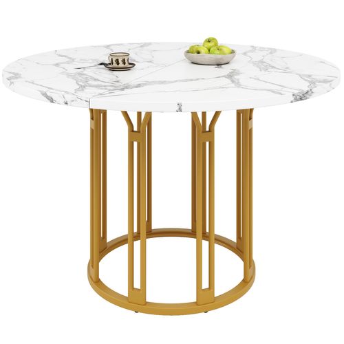 Table Ronde Diamètre 100 Cm, Plateau Mdf Motif Marbre Et Piètement Métal Doré, Hauteur 74 Cm