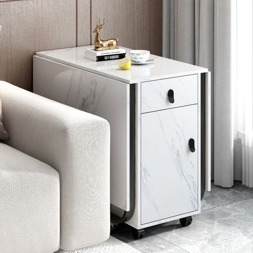 Table Pliante Extensible 3 Modes 60 Kg, Plateau Mdf Effet Marbre Blanc Et Piètement Métal