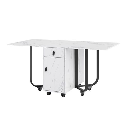 Table Pliante Extensible 3 Modes 60 Kg, Plateau Mdf Effet Marbre Blanc Et Piètement Métal