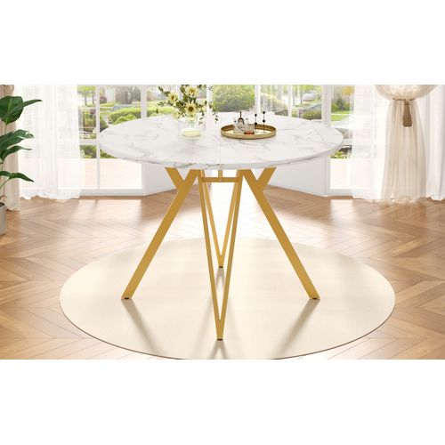 Table Ronde 100x100x76 Cm En Mdf Effet Marbre, Piètement Métal Doré Et Design Contemporain