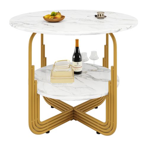 Table Ronde 80x80x76 Cm En Mdf Imitation Marbre, Piétement Doré Croisé Et Espace De Rangement