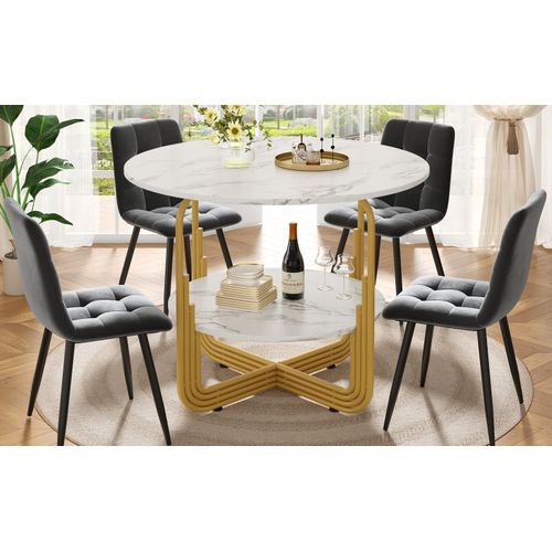 Table Ronde 80x80x76 Cm En Mdf Imitation Marbre, Piétement Doré Croisé Et Espace De Rangement