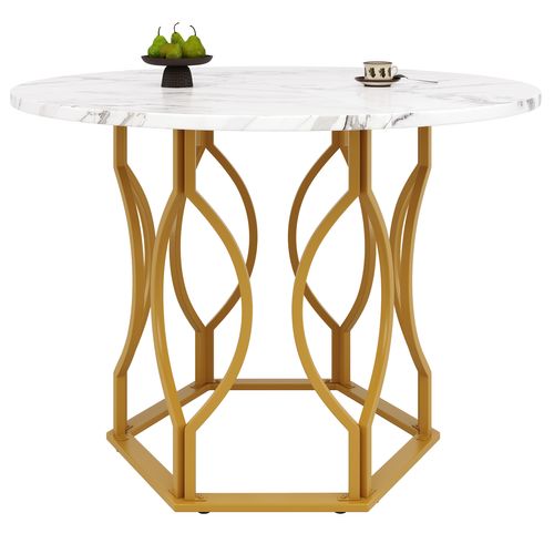 Table Ronde 100x100x76 Cm En Mdf Blanc Avec Pieds Métal Doré, Design Élégant Et Pratique