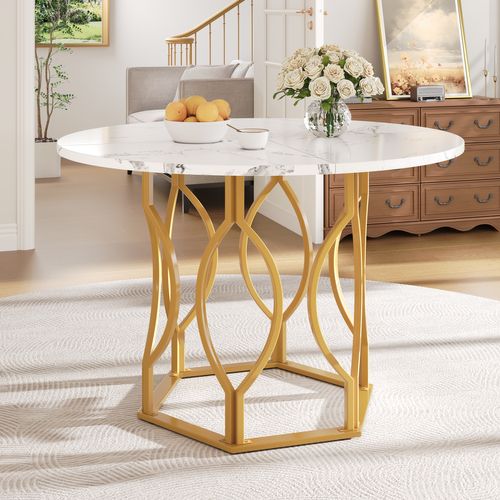 Table Ronde 100x100x76 Cm En Mdf Blanc Avec Pieds Métal Doré, Design Élégant Et Pratique