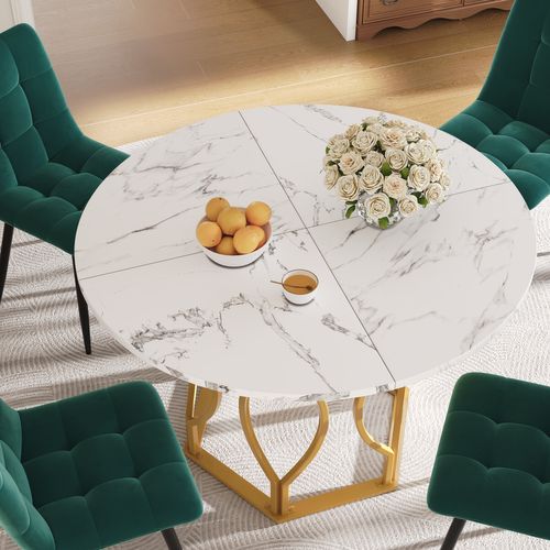 Table Ronde 100x100x76 Cm En Mdf Blanc Avec Pieds Métal Doré, Design Élégant Et Pratique