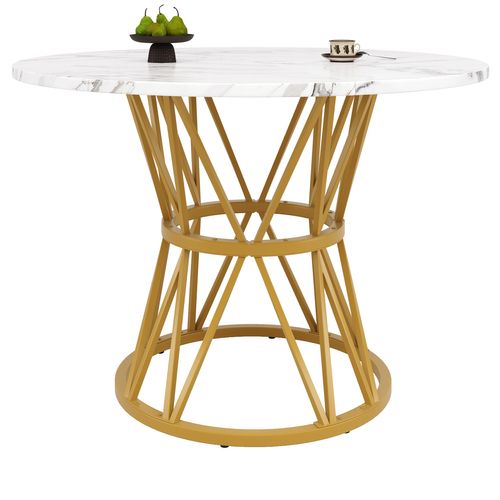 Table Ronde 100x100x76 Cm En Mdf Effet Marbre, Piètement Métal Doré Et Pieds Réglables
