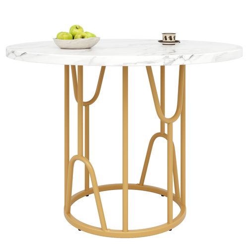 Table De Repas 80x80x76 Cm En Mdf Effet Marbre, Pieds Métal Doré, Design Élégant Et Léger