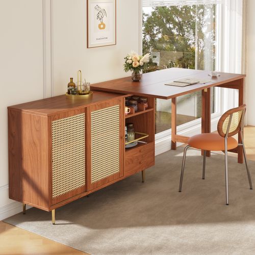 Table Haute Pivotante 360° 107x40x71,4 Cm Extensible, Mdf Brun, Portes Rotin Et Pieds Dorés