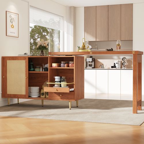 Table Haute Pivotante 360° 107x40x71,4 Cm Extensible, Mdf Brun, Portes Rotin Et Pieds Dorés