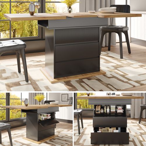 Table Extensible 110-140×80×75 Cm En Mdf Noir/naturel, Rabats Soft‑close Et Rangement