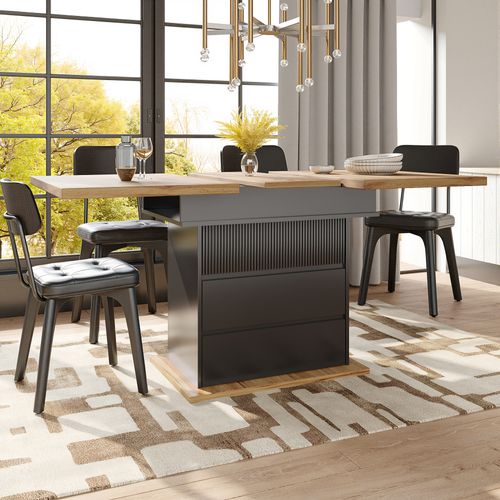 Table Extensible 110-140×80×75 Cm En Mdf Noir/naturel, Rabats Soft‑close Et Rangement