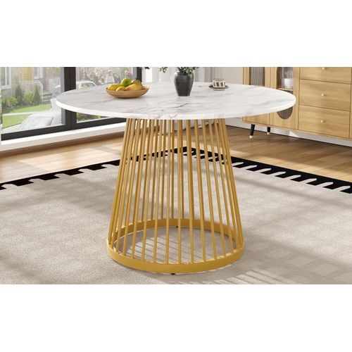 Table Ronde 80x80x76 Cm En Mdf Blanc, Pieds Métalliques Dorés, Style Élégant, Multifonction