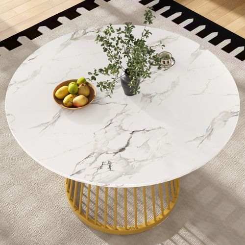 Table Ronde 80x80x76 Cm En Mdf Blanc, Pieds Métalliques Dorés, Style Élégant, Multifonction