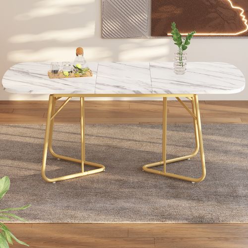 Table Extensible 140/180x80 Cm Effet Marbre Blanc, Plateau Mdf Et Pieds Métal Doré, Style Élégant