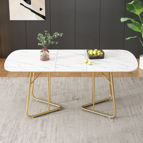 Table Extensible 140/180x80 Cm Effet Marbre Blanc, Plateau Mdf Et Pieds Métal Doré, Style Élégant