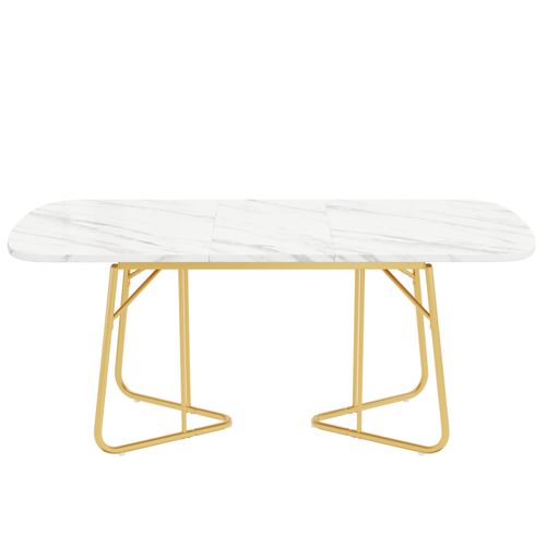 Table Extensible 140/180x80 Cm Effet Marbre Blanc, Plateau Mdf Et Pieds Métal Doré, Style Élégant