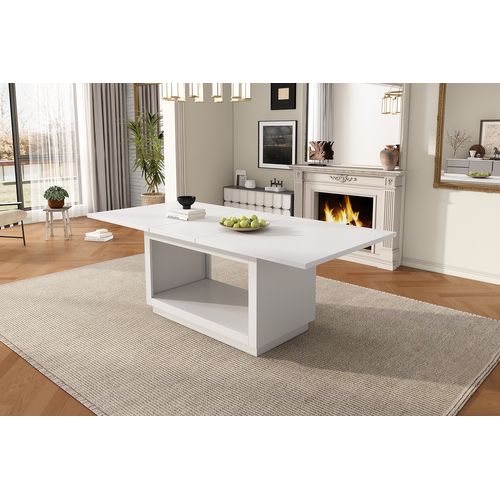 Table Extensible 140/180 X 70 X 76,5 Cm En Mdf Blanc, Design Moderne Avec Rangement Discret