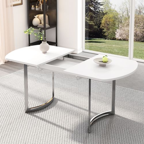 Table Extensible 140/180 X 80 Cm Blanche, Plateau Mdf, Pieds Métal Argenté, Pour 4–6 Personnes