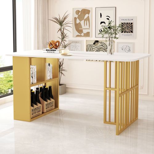 Table à manger 6 places blanc et doré, plateau en panneaux de particules, pieds quadrillés