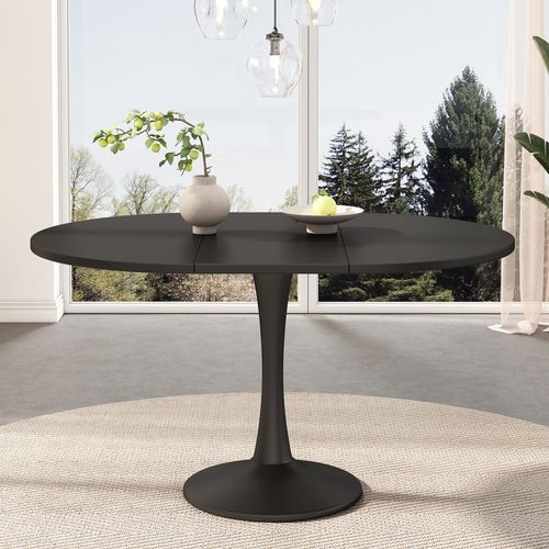 Table Extensible Ovale 100/140 X 100 X 75 Cm En Mdf Noir, Design Moderne Et Gain De Place