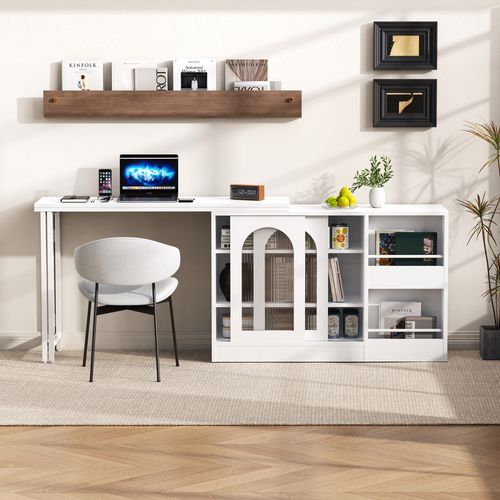 Table Bar Extensible 121,5×40×76,7 Cm Blanche - Portes Vitrées Cannelées à Arc Et Rangement