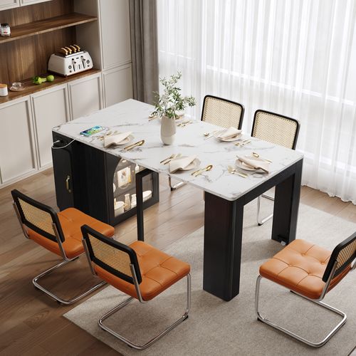 Îlot 83×39,6~79,6~119,6~149,6×77 Cm Blanc/noir, Table Extensible 3 Positions, LED Et Prises