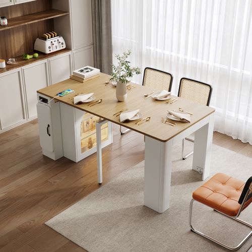 Îlot De Cuisine Extensible 83×39,6–149,6×77 Cm Blanc Et Bois, 3 Positions, LED Et Prises