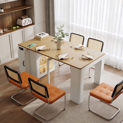 Îlot De Cuisine Extensible 83×39,6–149,6×77 Cm Blanc Et Bois, 3 Positions, LED Et Prises
