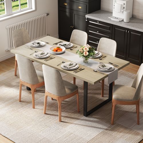 Table De Repas 160x80 Cm En Mdf Finition Naturelle Et Pieds Métal Noirs, Pour 6-8 Personnes