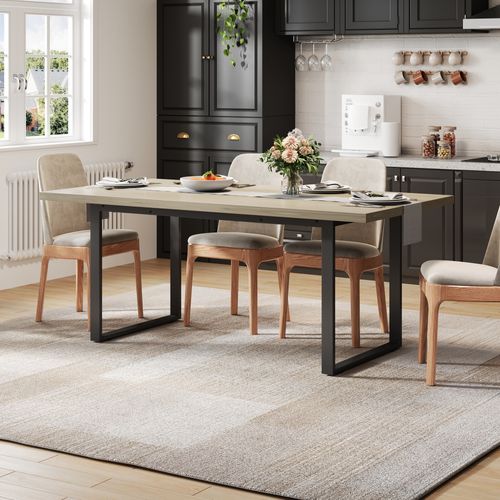 Table De Repas 160x80 Cm En Mdf Finition Naturelle Et Pieds Métal Noirs, Pour 6-8 Personnes