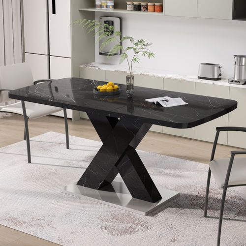 Table à Manger Extensible 120-160x80 Cm, Plateau Effet Marbre Noir, Piétement Mdf à Base Métal