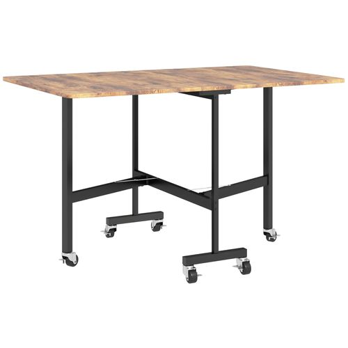 Table Pliante 120x80 Cm En Bois Brun Rustique, Extensible Jusqu'à 6 Personnes, Avec Roulettes