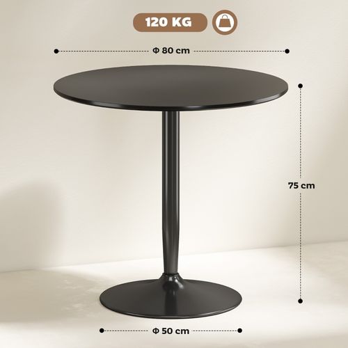 Table Ronde 80 X 75h Cm En Mdf Avec Piètement Acier Noir, Design Gain De Place Pour 2 Personnes