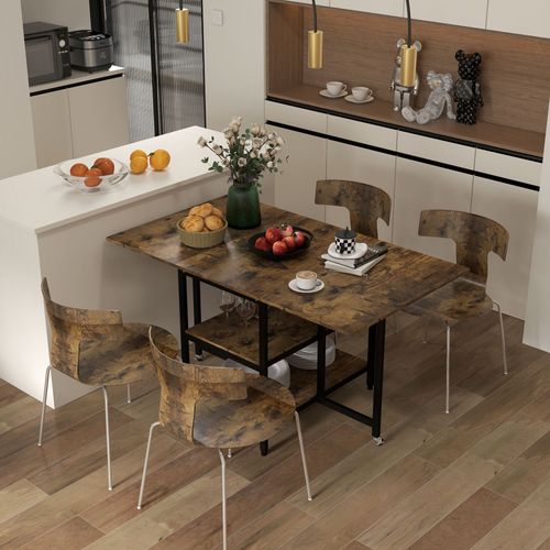 Table Pliante Extensible 140x80 Cm En Acier Marron, 2 Abattants Et 2 Étagères De Rangement